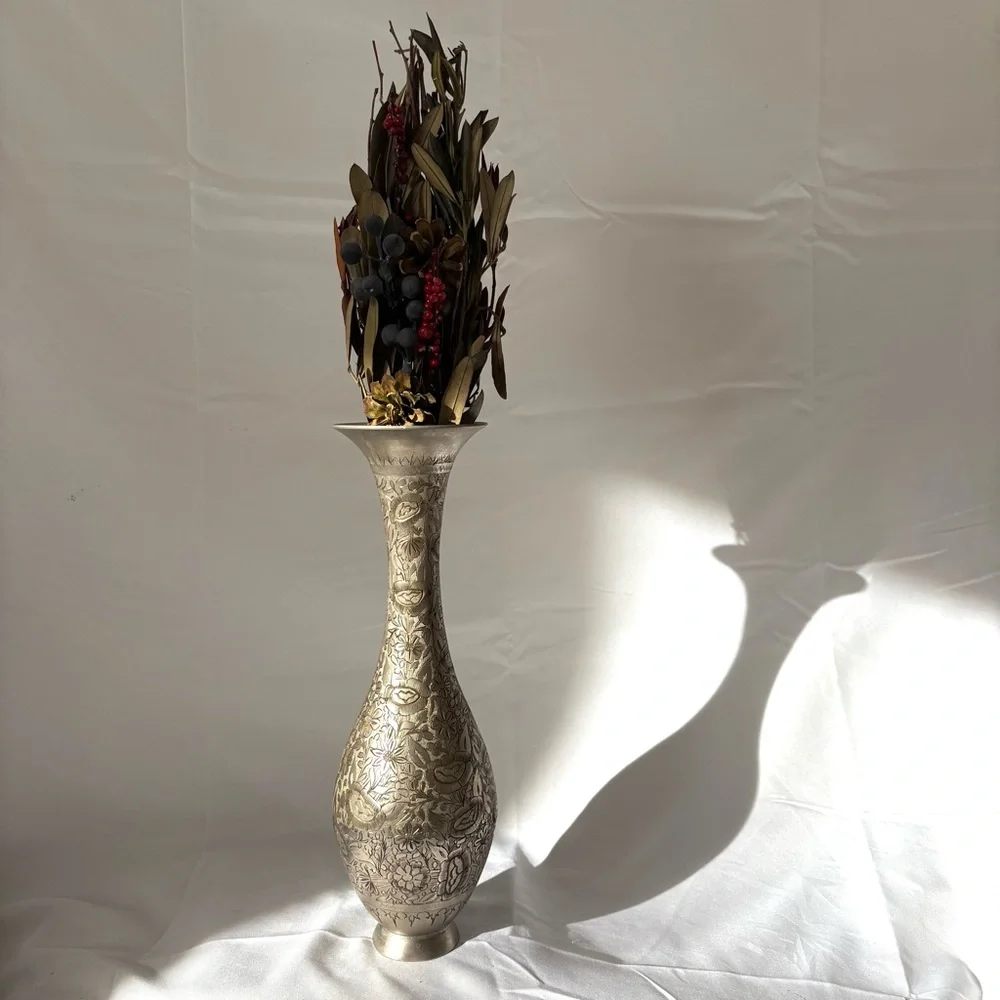 Vintage silver plated brass etched floral vase home decor accent - Picture 5 of 5